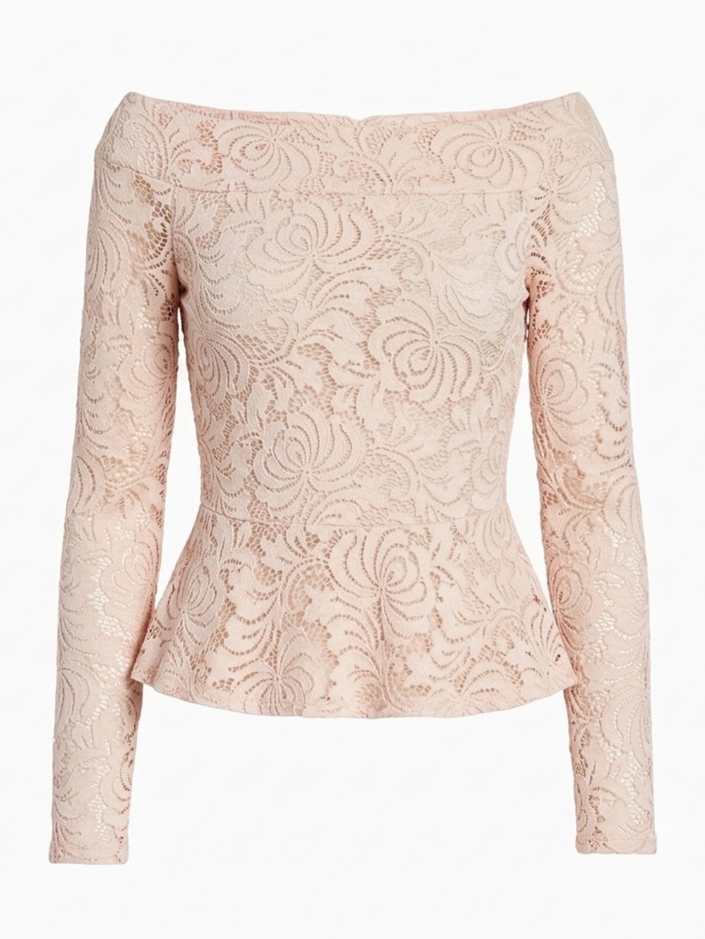 BCBGMAXAZRIA Alea Off-The-Shoulder Lace Peplum Top - Size Small - Light Pink